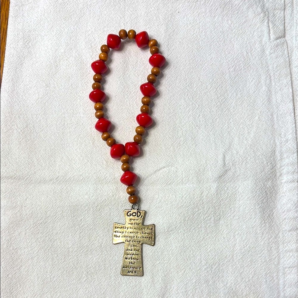 Red Beaded Rosary with Gold Cross Pendant / Serenity Prayer